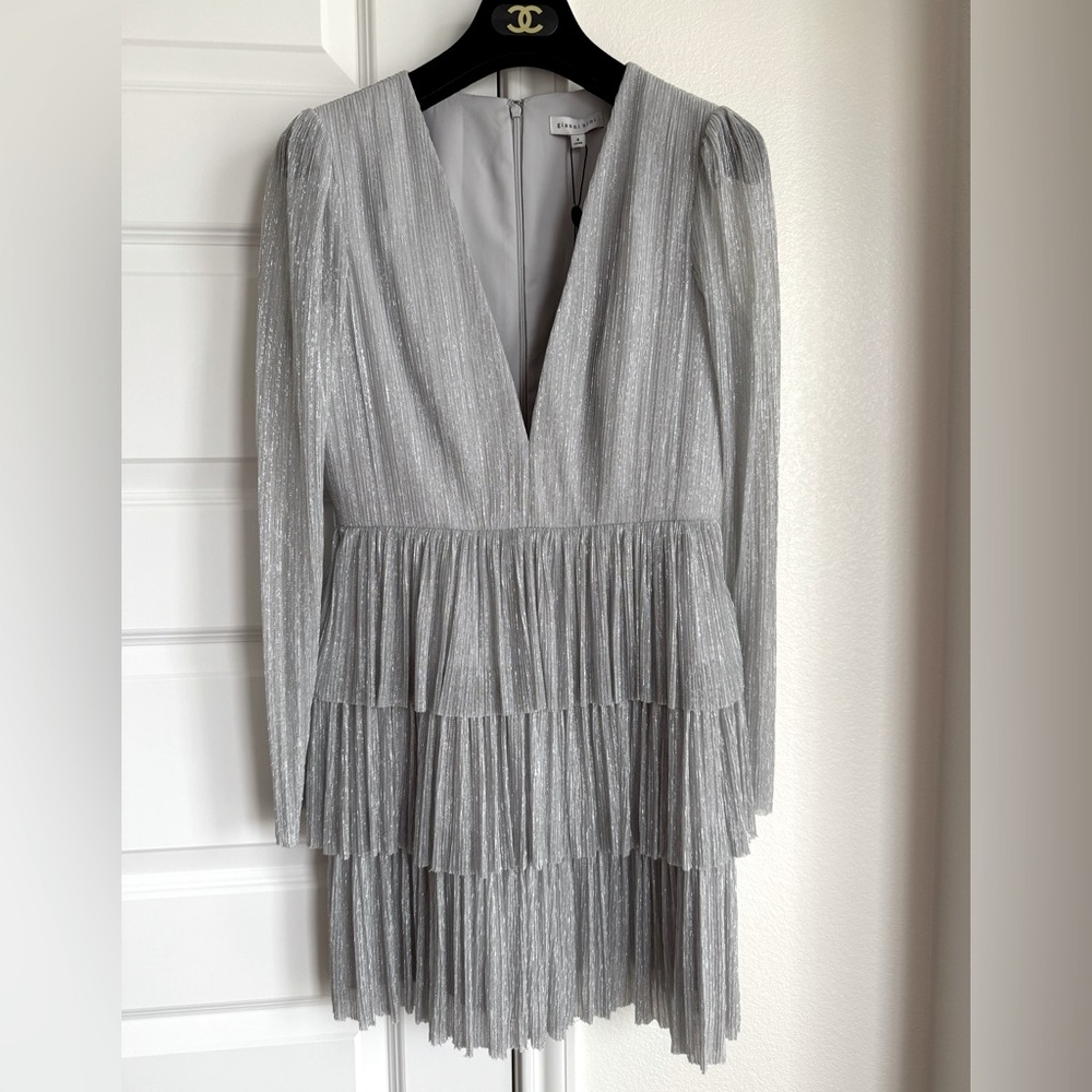 Gianni Bini Silver Metallic Pleated Tiered Dress – Size 4 (NWT)